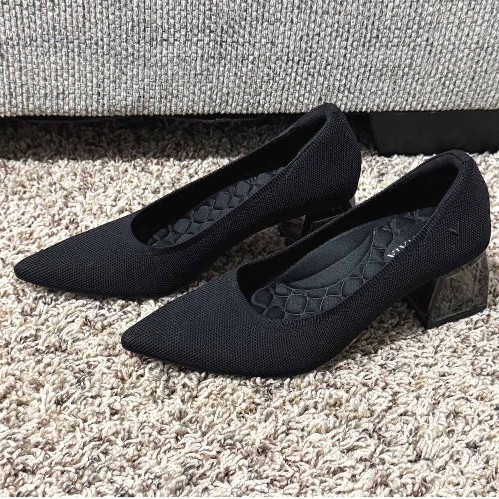 Vivaia Pointed Toe Knit Pumps Black Smoky Translucent Block Heel Shoes EU 37.5